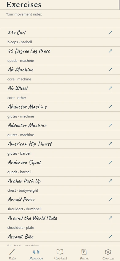 Flexbound Exercises index listing movements in handwriting