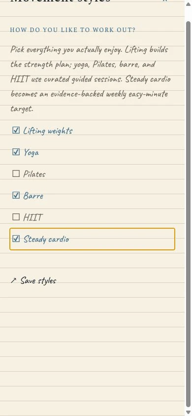 Flexbound movement-style selection with lifting, yoga, barre, and steady cardio selected