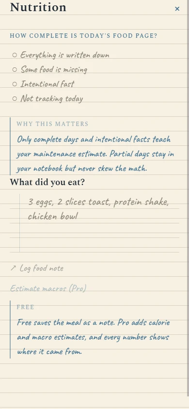 Nutrition page with completeness choices and a food note