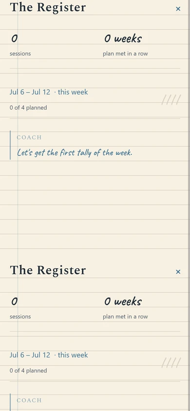 The Register with weekly tally marks and a coach margin note