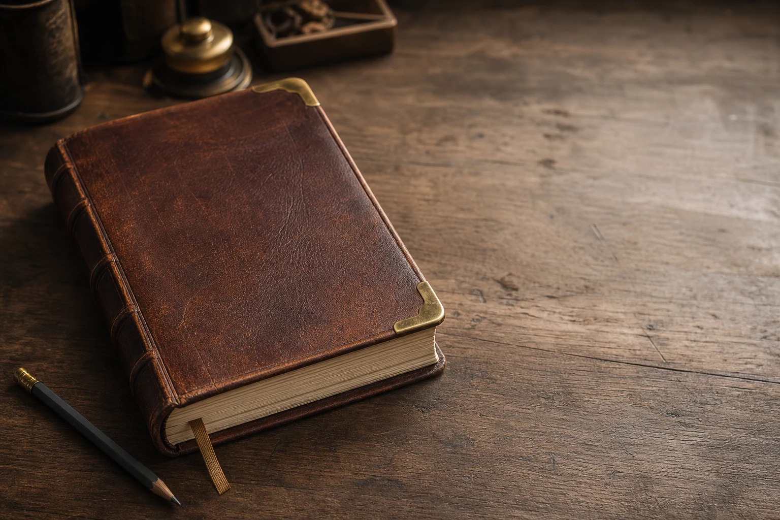 Closed leather-bound training journal with brass details on a wooden desk