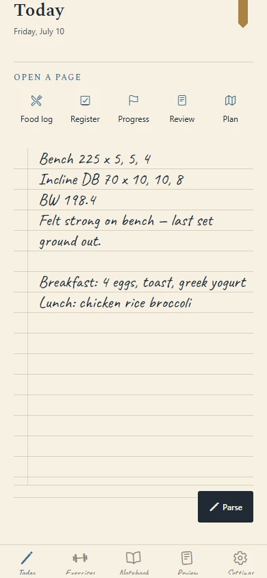 Flexbound Today screen with a handwritten workout and meal log