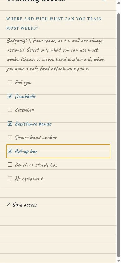 Flexbound training access screen with dumbbells, resistance bands, and a pull-up bar selected